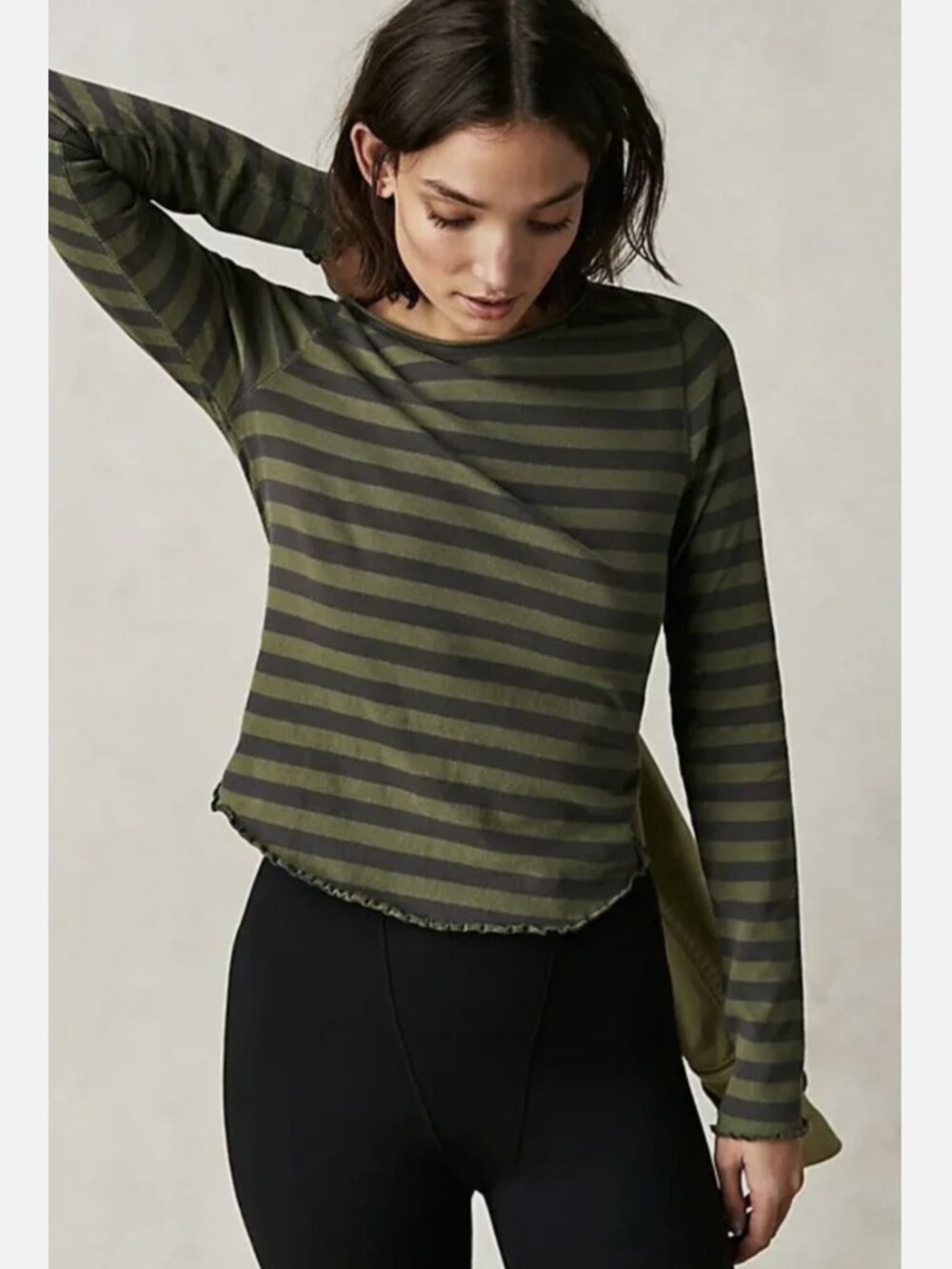 Free People Green Combo Stripe Long Sleeve Lettuce Hem Be My Baby Cotton Tee